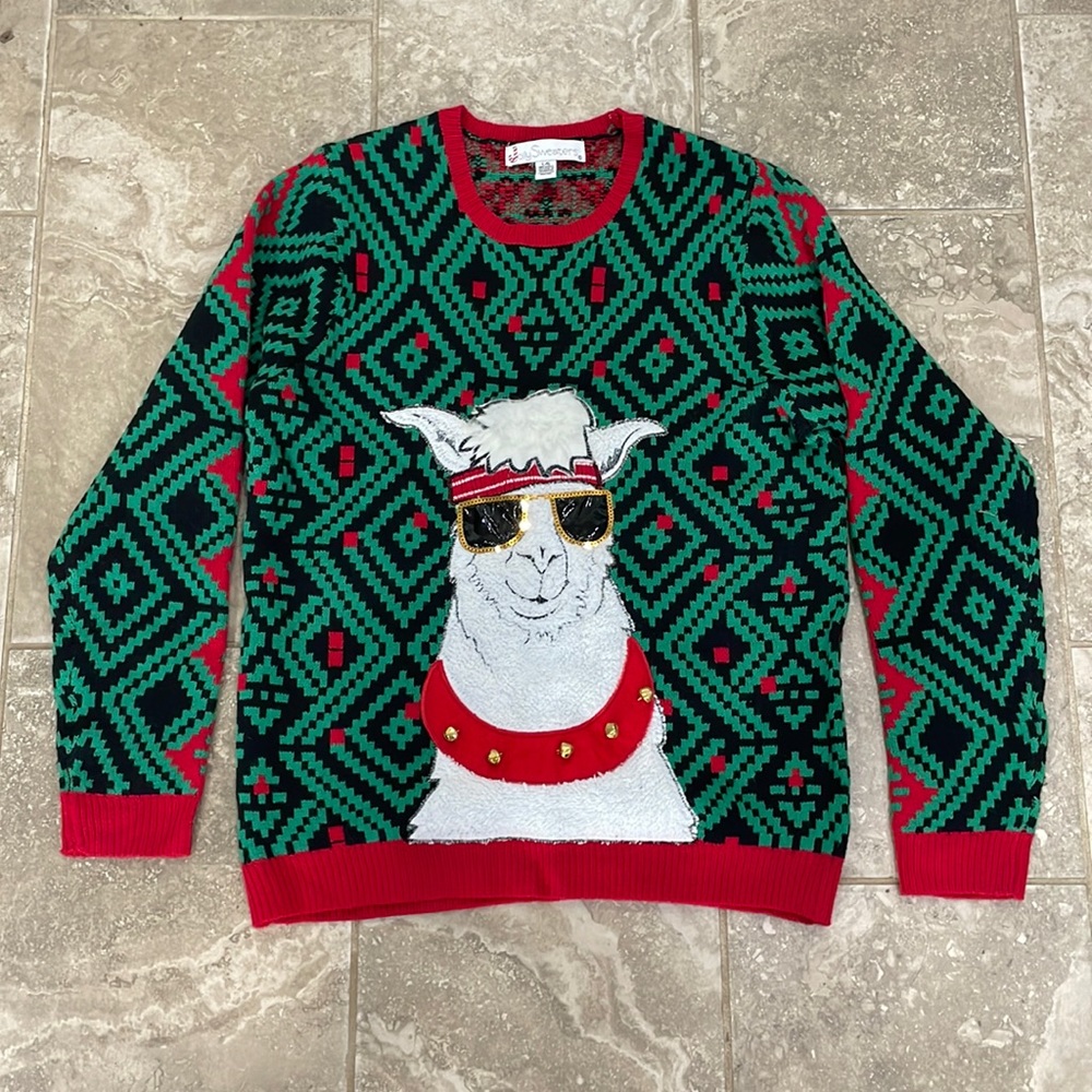Jolly Sweater Ugly Christmas Sweater Unisex Lama In‎ Sun Glasses With Bells Sz L